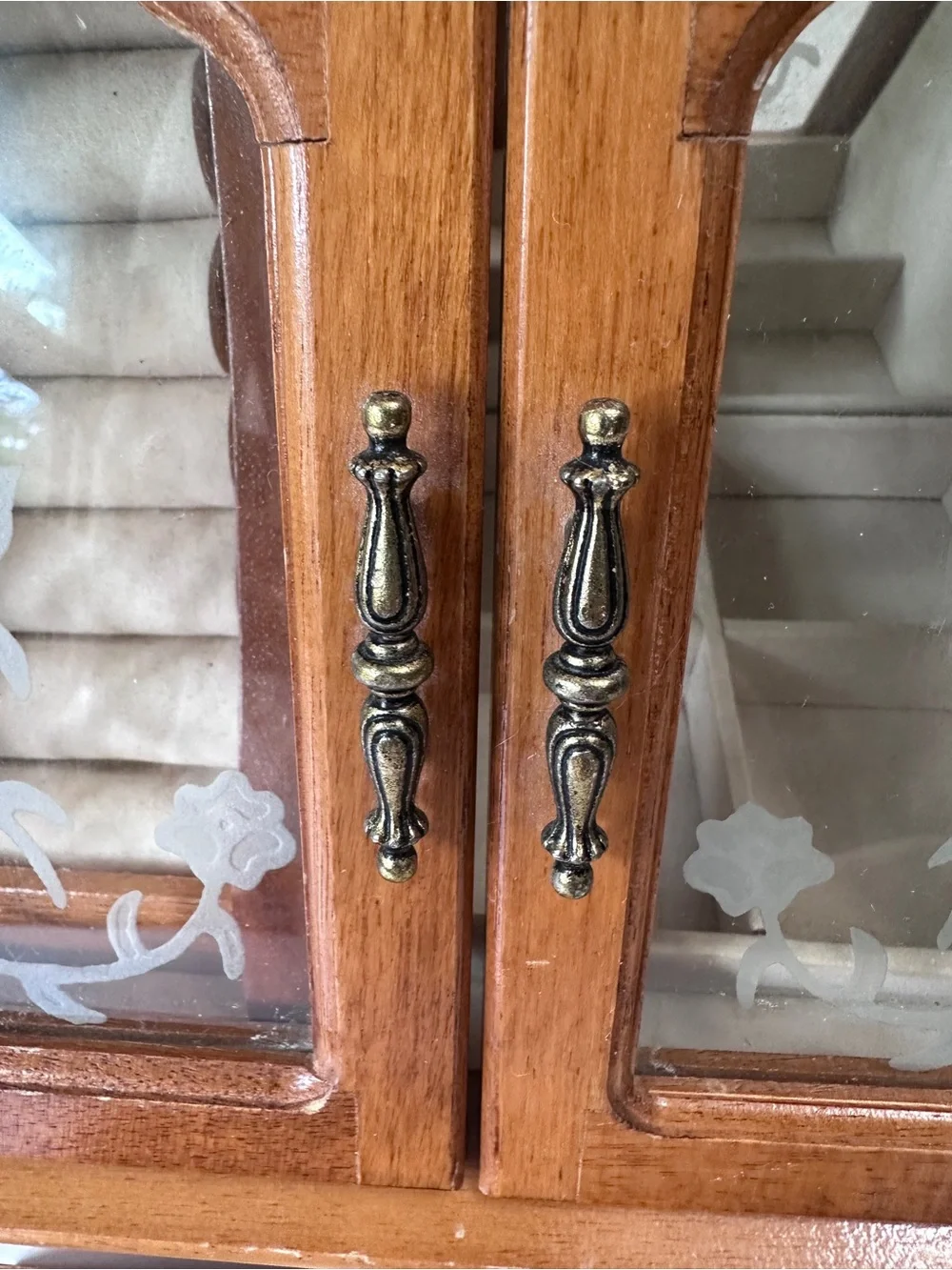 Vintage Wooden Jewelry Armoire Box Etched Glass Rose Doors Drawer